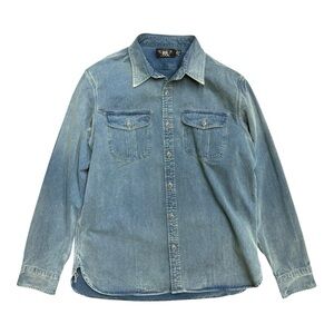 RRL by Ralph Lauren Velvet Denim Fade Wash Blue Long Sleeve Button Sz L